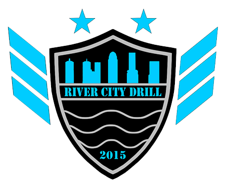 River City Drill logo, a white shield with a teal cityscape and teal stars and bars around it.